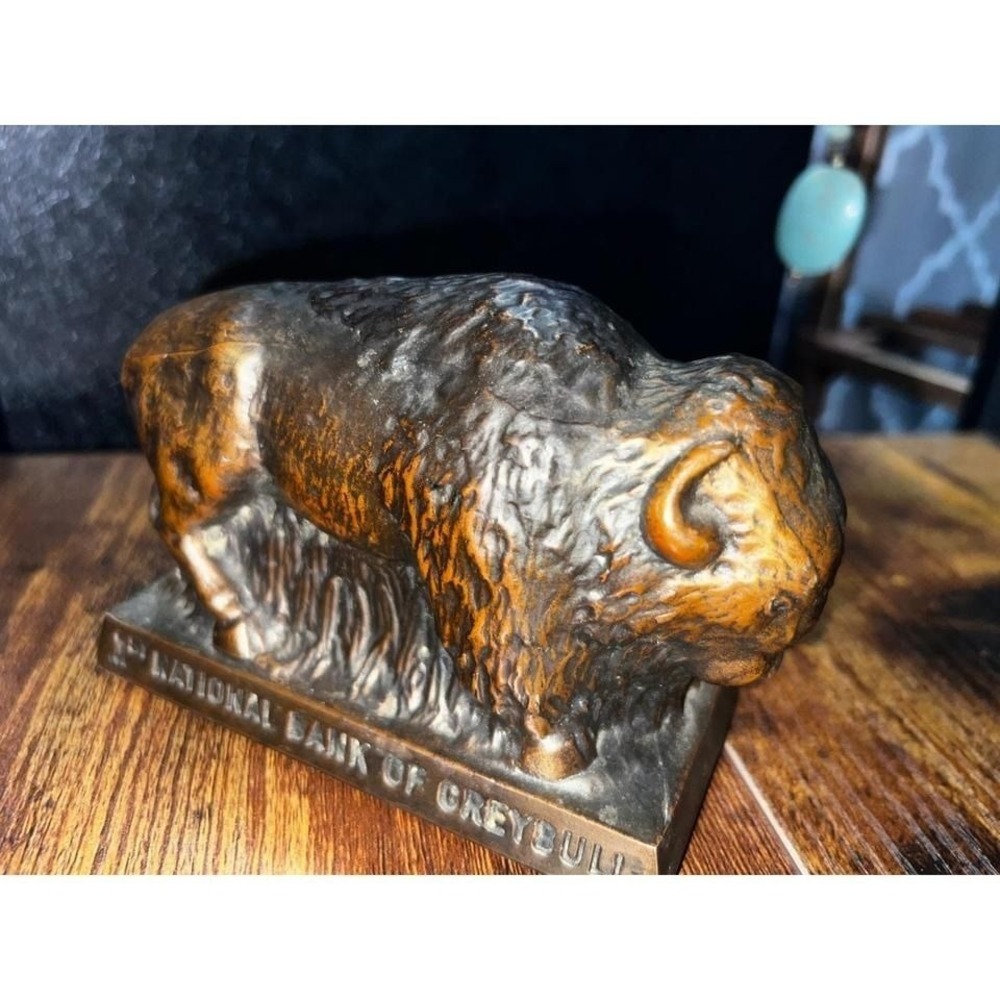 Banthrico Vintage Buffalo Coin Bank 1st National Bank of Greybull Bronze Metal - Picture 2 of 5